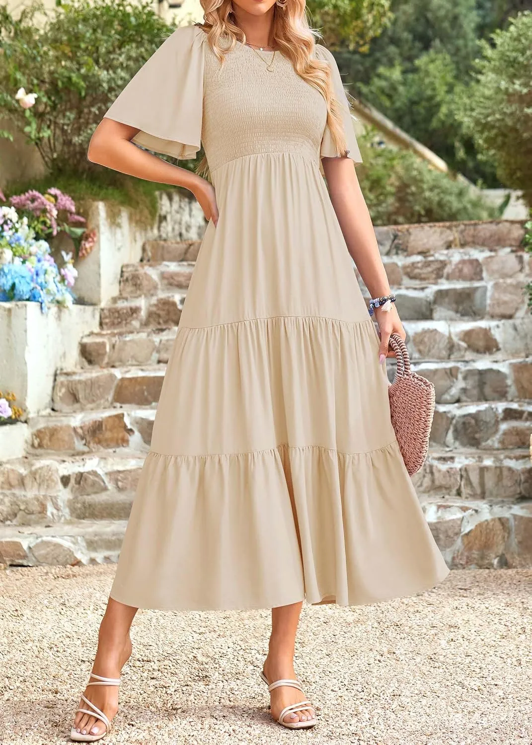 KIRUNDO Womens Fashion 2025 Spring Summer Casual Flutter Short Sleeve Midi Dress Smocked Tiered Aline Going Out Dresses