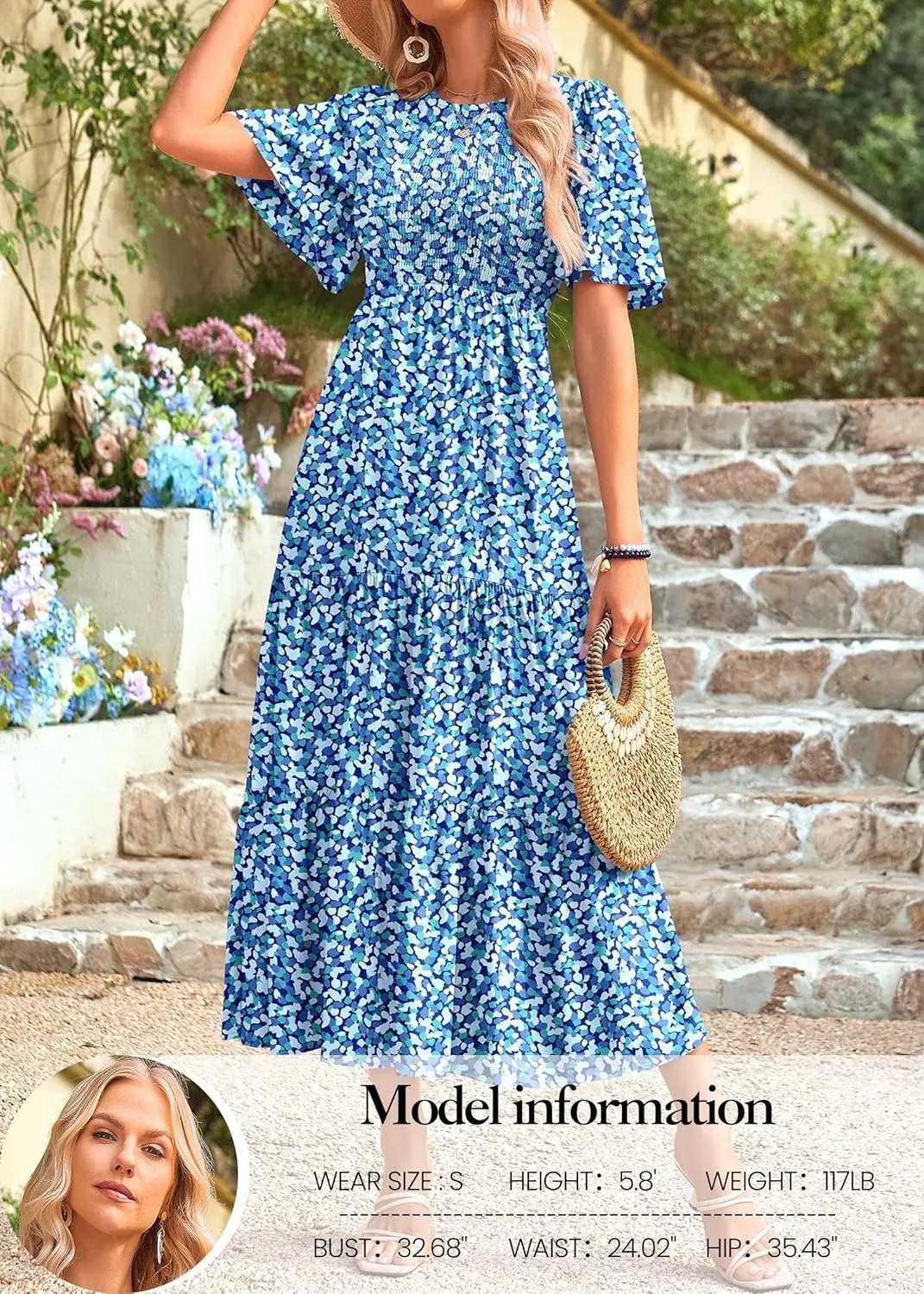 KIRUNDO Womens Fashion 2025 Spring Summer Casual Flutter Short Sleeve Midi Dress Smocked Tiered Aline Going Out Dresses