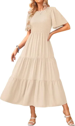 KIRUNDO Womens Fashion 2025 Spring Summer Casual Flutter Short Sleeve Midi Dress Smocked Tiered Aline Going Out Dresses