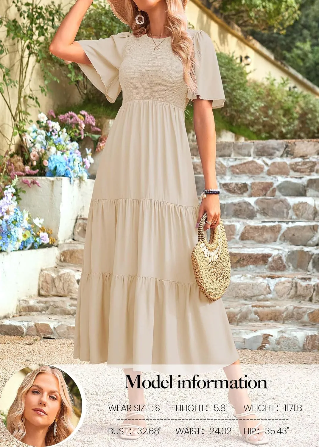 KIRUNDO Womens Fashion 2025 Spring Summer Casual Flutter Short Sleeve Midi Dress Smocked Tiered Aline Going Out Dresses
