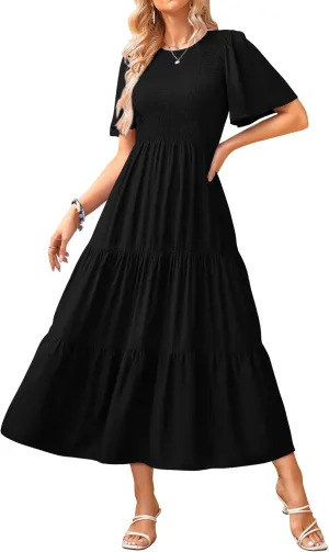 KIRUNDO Womens Fashion 2025 Spring Summer Casual Flutter Short Sleeve Midi Dress Smocked Tiered Aline Going Out Dresses