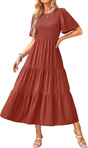 KIRUNDO Womens Fashion 2025 Spring Summer Casual Flutter Short Sleeve Midi Dress Smocked Tiered Aline Going Out Dresses