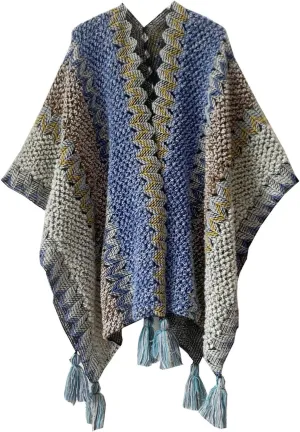 Knit Shawl Wraps for Women, Boho Open Front Cardigan Sweater Color Block Cape Poncho with Tassel for Fall Winter