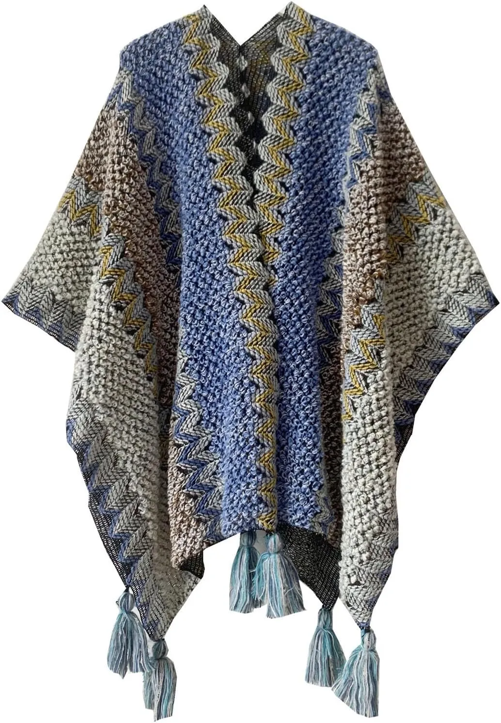 Knit Shawl Wraps for Women, Boho Open Front Cardigan Sweater Color Block Cape Poncho with Tassel for Fall Winter