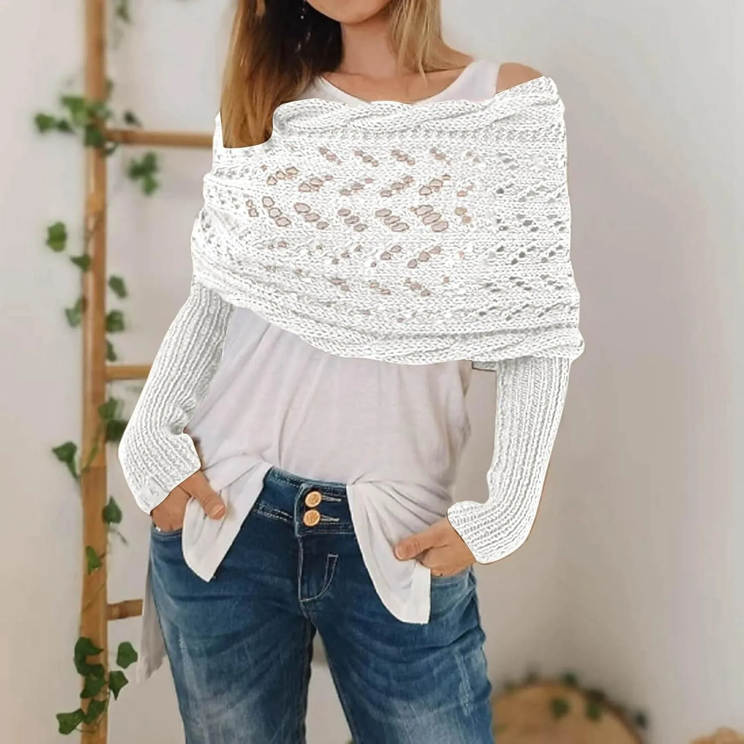 Knitted Cable Wrap,Crochet Cocoon Shrug,Sweater Scarf with Sleeves,Shrugs for Women,Knitted Wrap,2024 Trendy Sweaters