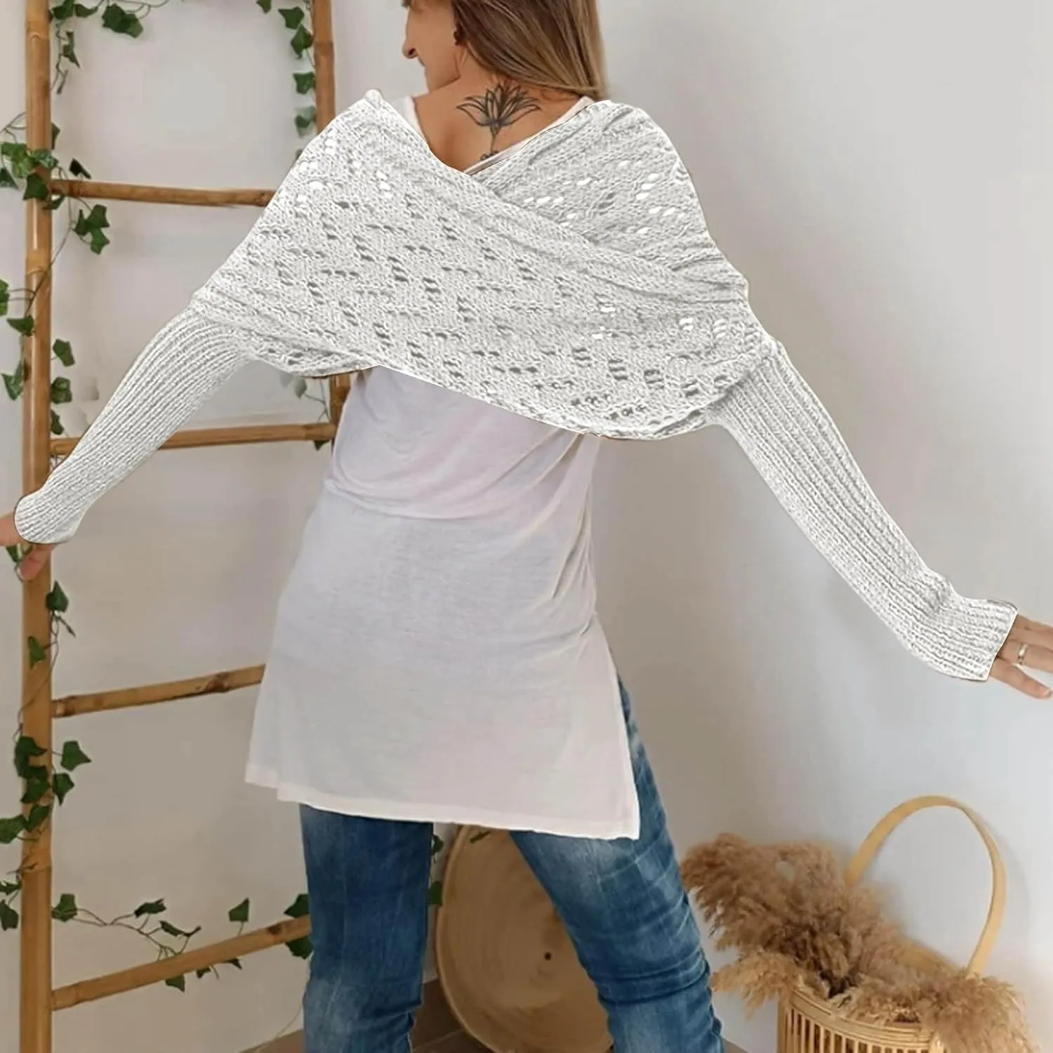 Knitted Cable Wrap,Crochet Cocoon Shrug,Sweater Scarf with Sleeves,Shrugs for Women,Knitted Wrap,2024 Trendy Sweaters