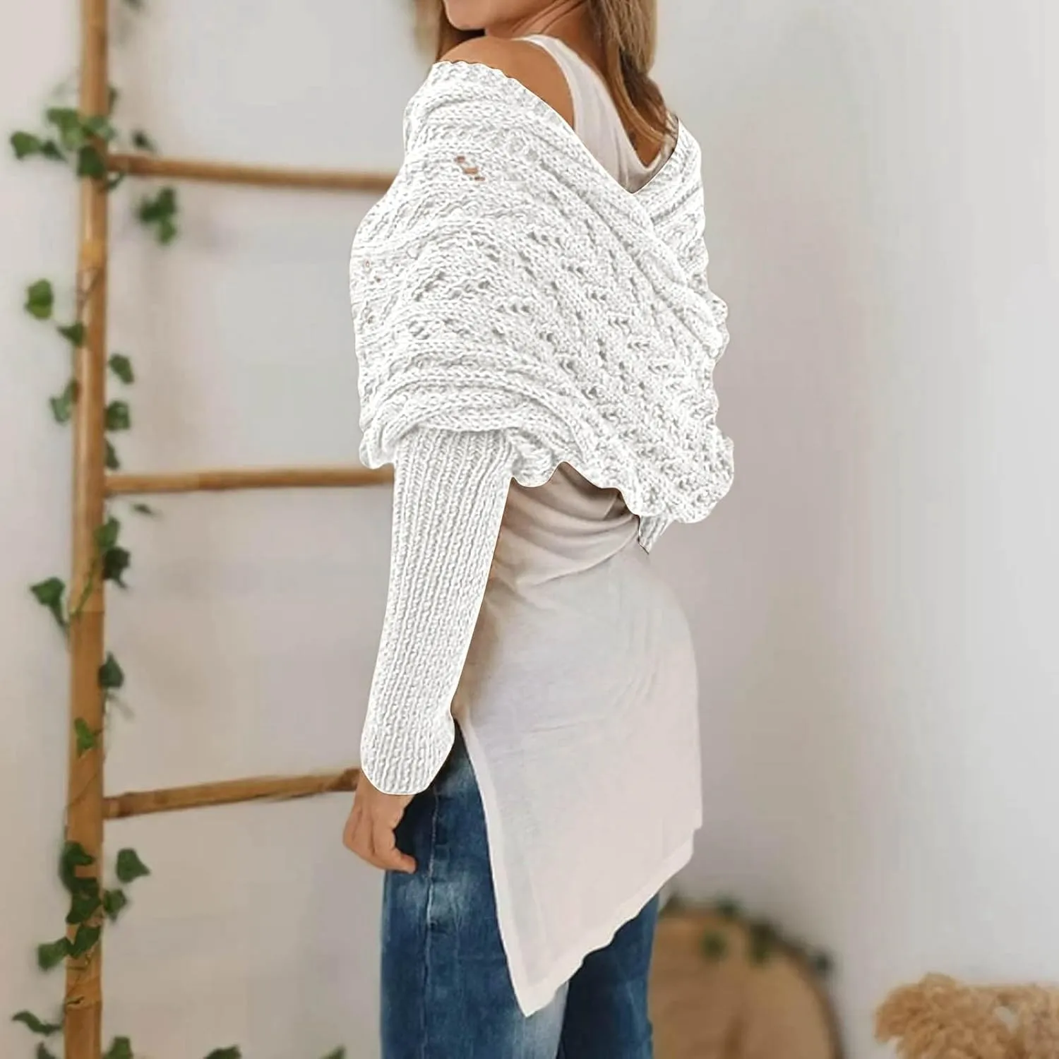 Knitted Cable Wrap,Crochet Cocoon Shrug,Sweater Scarf with Sleeves,Shrugs for Women,Knitted Wrap,2024 Trendy Sweaters