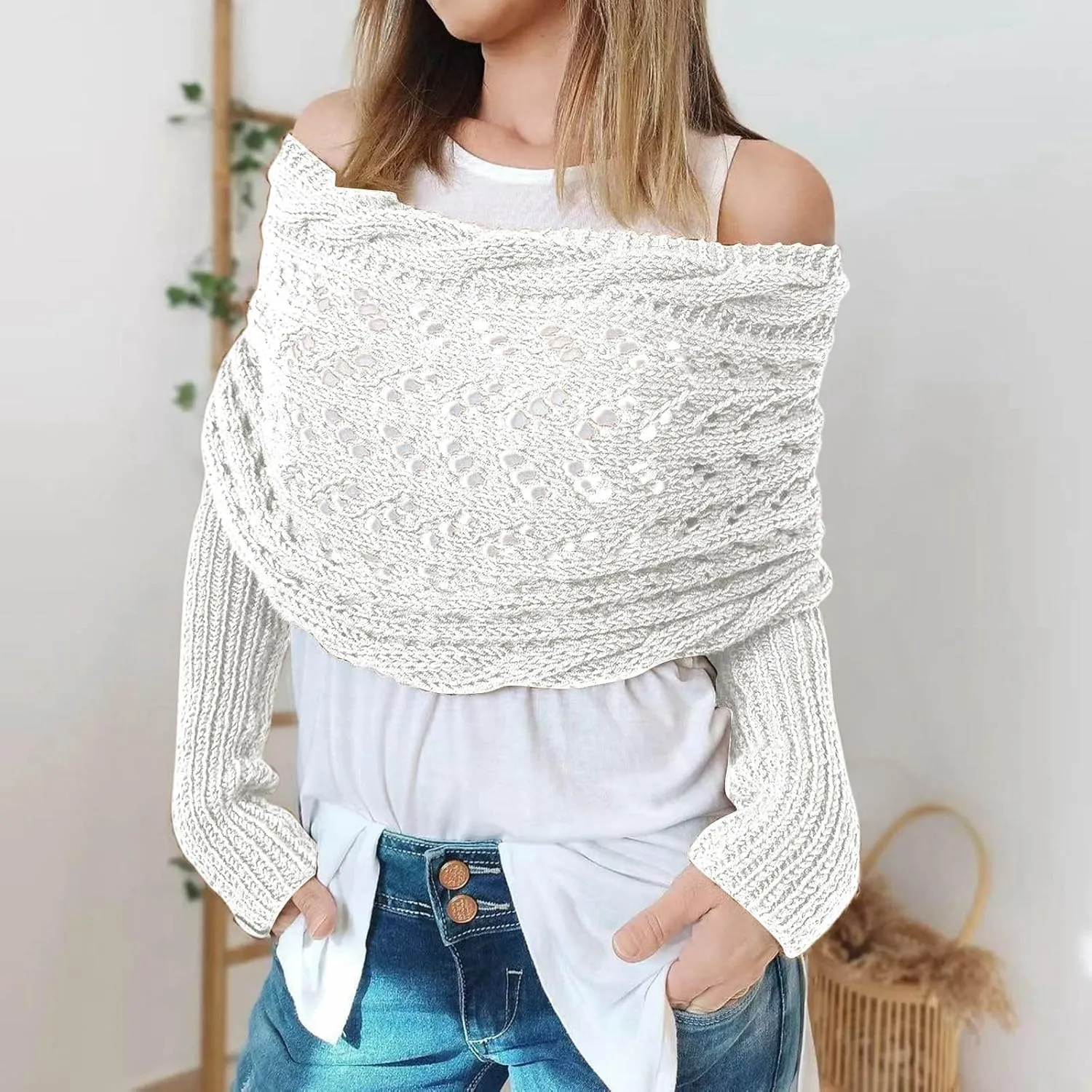 Knitted Cable Wrap,Crochet Cocoon Shrug,Sweater Scarf with Sleeves,Shrugs for Women,Knitted Wrap,2024 Trendy Sweaters