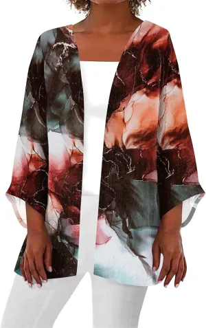 Lightweight Cardigan for Women Summer Printed Beach Cover Up Tops Open Front 3/4 Sleeve Kimono Cardigan Casual Blouse