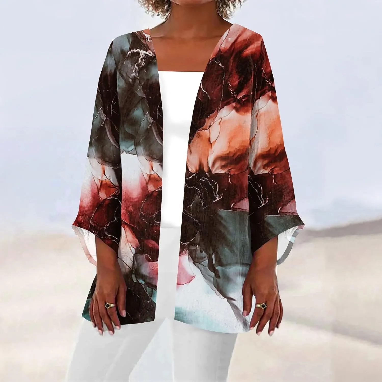 Lightweight Cardigan for Women Summer Printed Beach Cover Up Tops Open Front 3/4 Sleeve Kimono Cardigan Casual Blouse