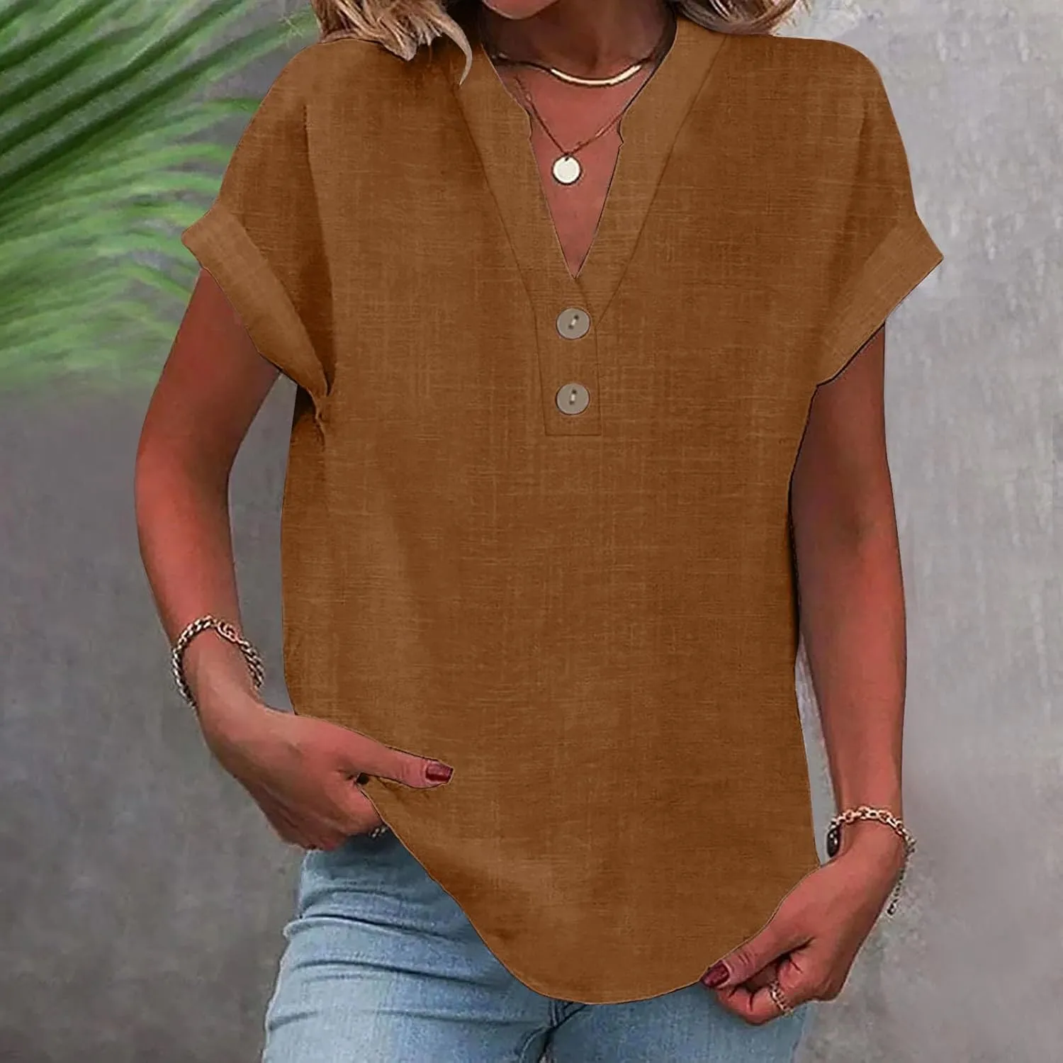 Linen Button Down Shirt for Women 2024 Dressy V Neck Tops Casual Loose Fit Summer Blouses Henley Gauze Tee Shirts