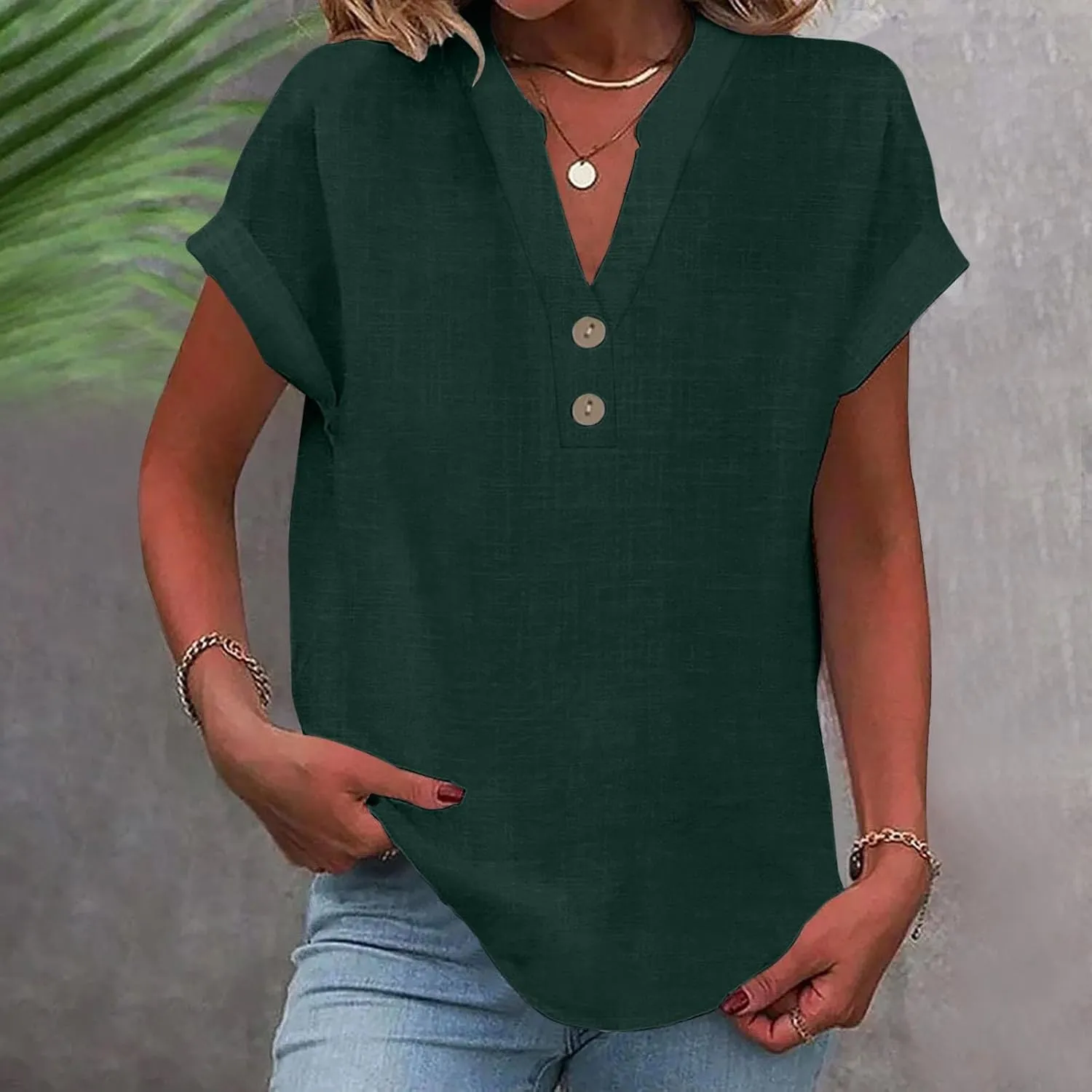 Linen Button Down Shirt for Women 2024 Dressy V Neck Tops Casual Loose Fit Summer Blouses Henley Gauze Tee Shirts