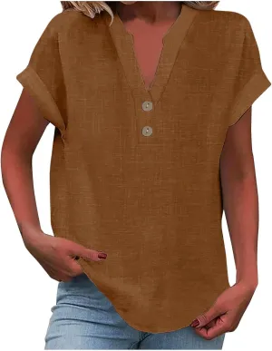 Linen Button Down Shirt for Women 2024 Dressy V Neck Tops Casual Loose Fit Summer Blouses Henley Gauze Tee Shirts