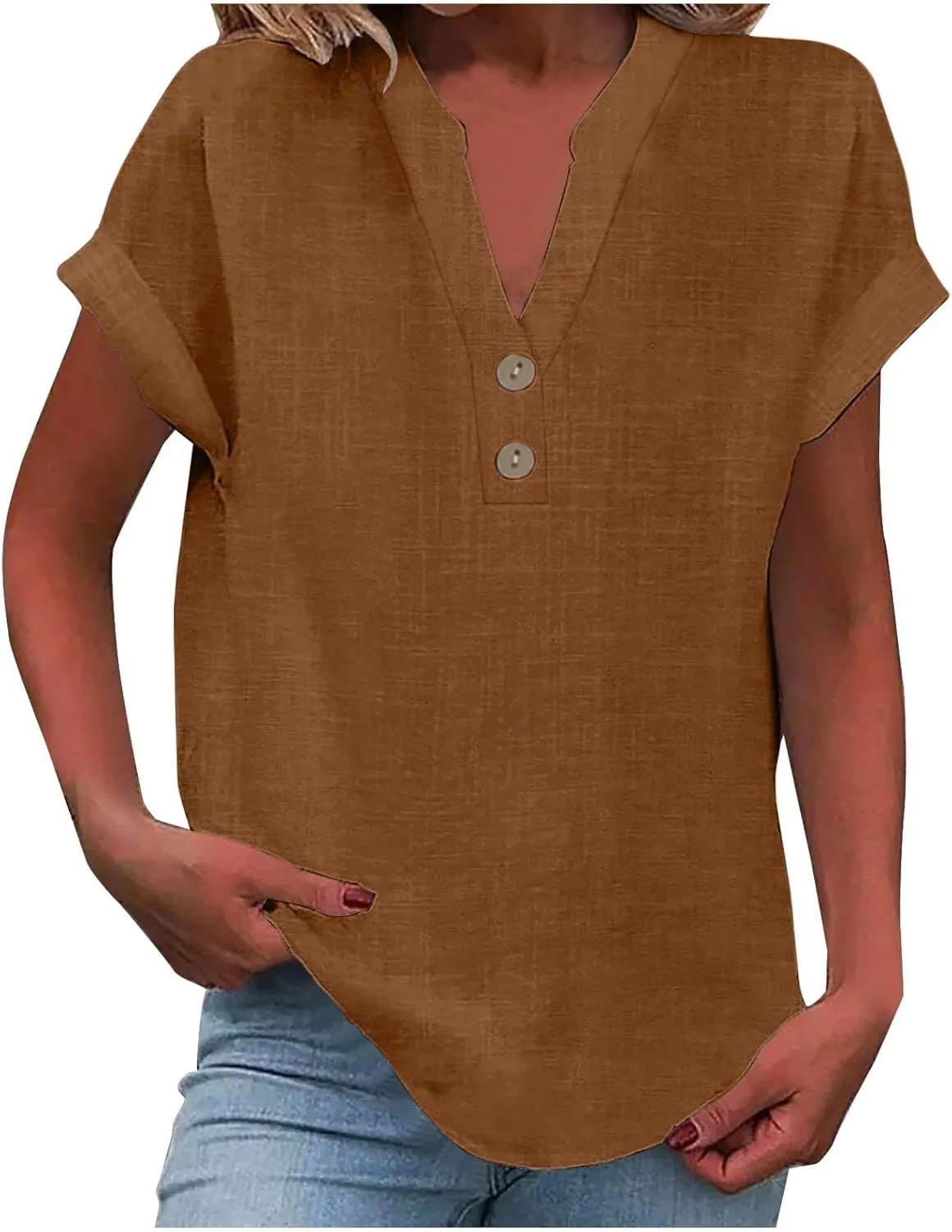 Linen Button Down Shirt for Women 2024 Dressy V Neck Tops Casual Loose Fit Summer Blouses Henley Gauze Tee Shirts