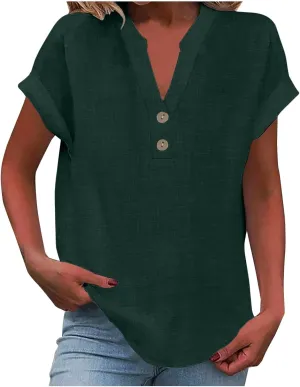 Linen Button Down Shirt for Women 2024 Dressy V Neck Tops Casual Loose Fit Summer Blouses Henley Gauze Tee Shirts