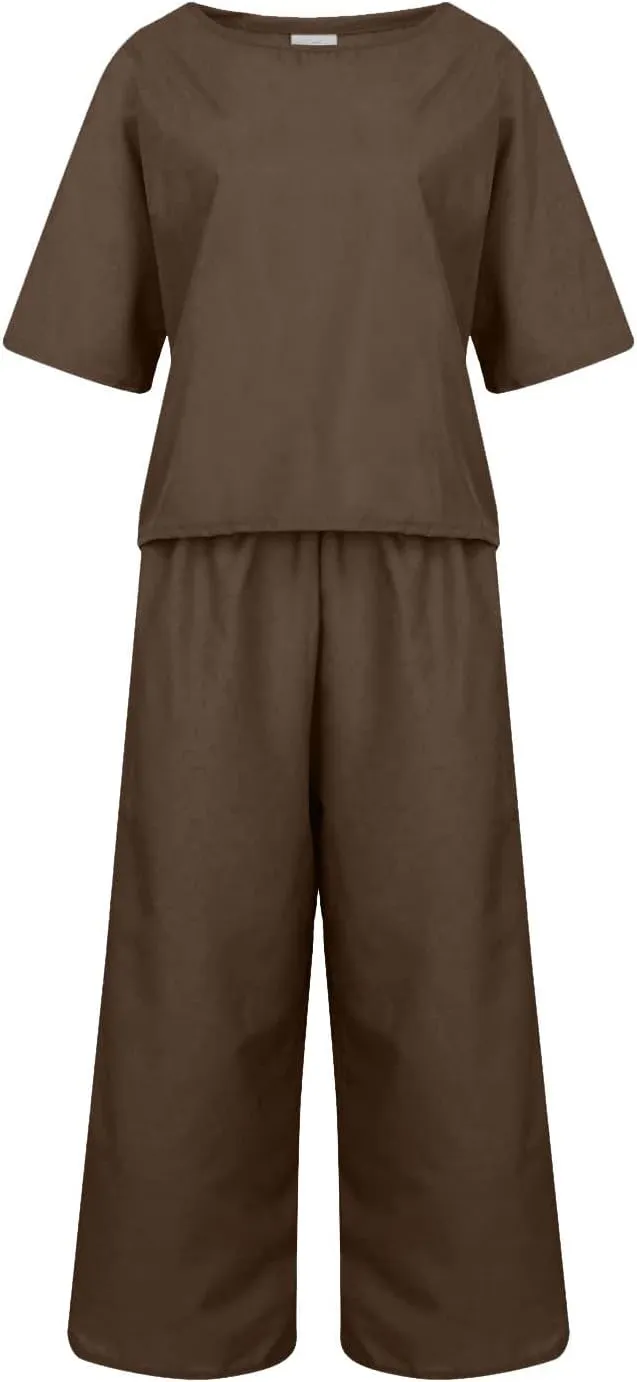 Linen Co Ord Sets for Women Short Sleeve Tops Shirts Loose Straight Leg Linen Trousers 2 Piece Set Summer Lounge Sets