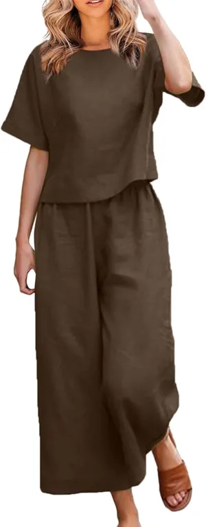 Linen Co Ord Sets for Women Short Sleeve Tops Shirts Loose Straight Leg Linen Trousers 2 Piece Set Summer Lounge Sets