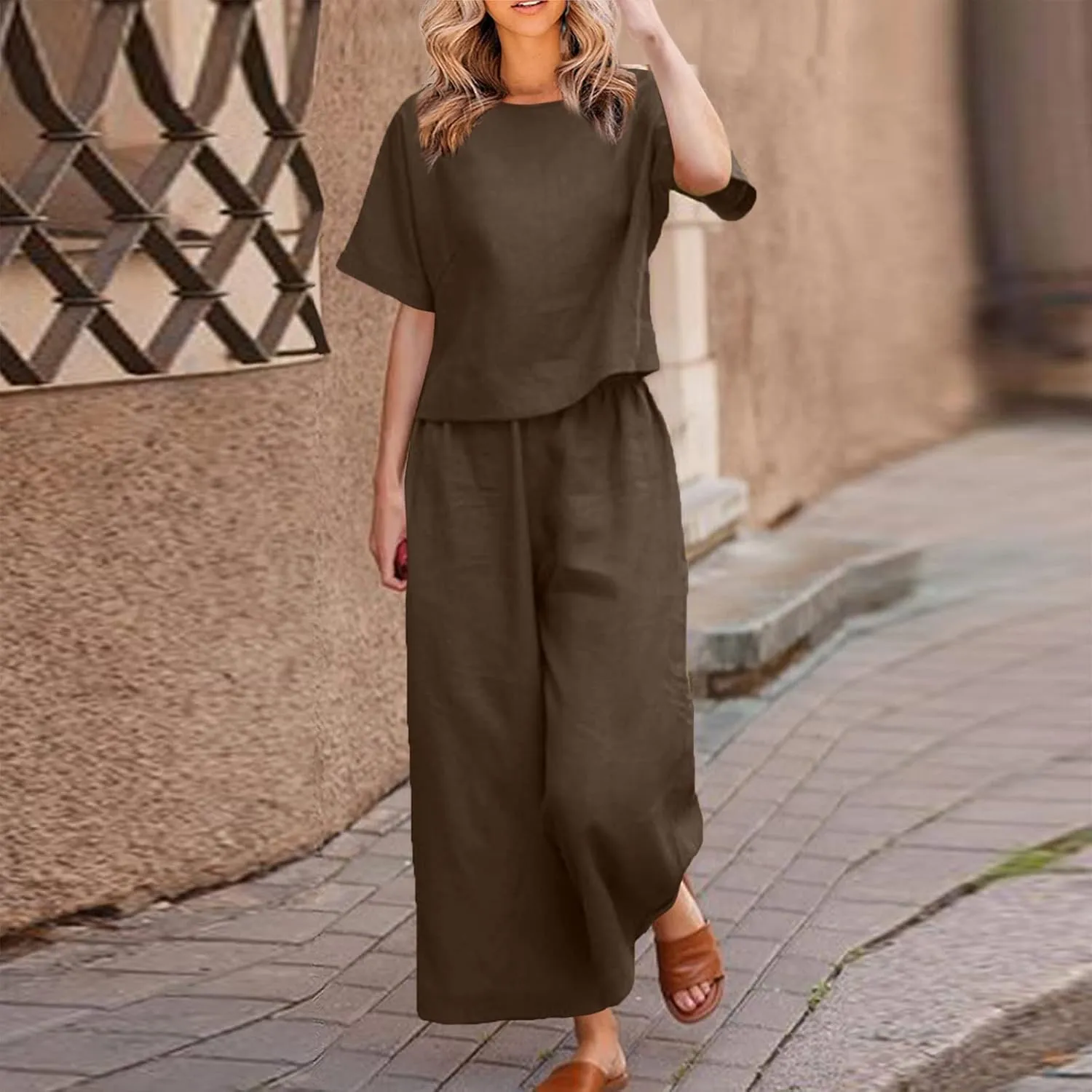 Linen Co Ord Sets for Women Short Sleeve Tops Shirts Loose Straight Leg Linen Trousers 2 Piece Set Summer Lounge Sets