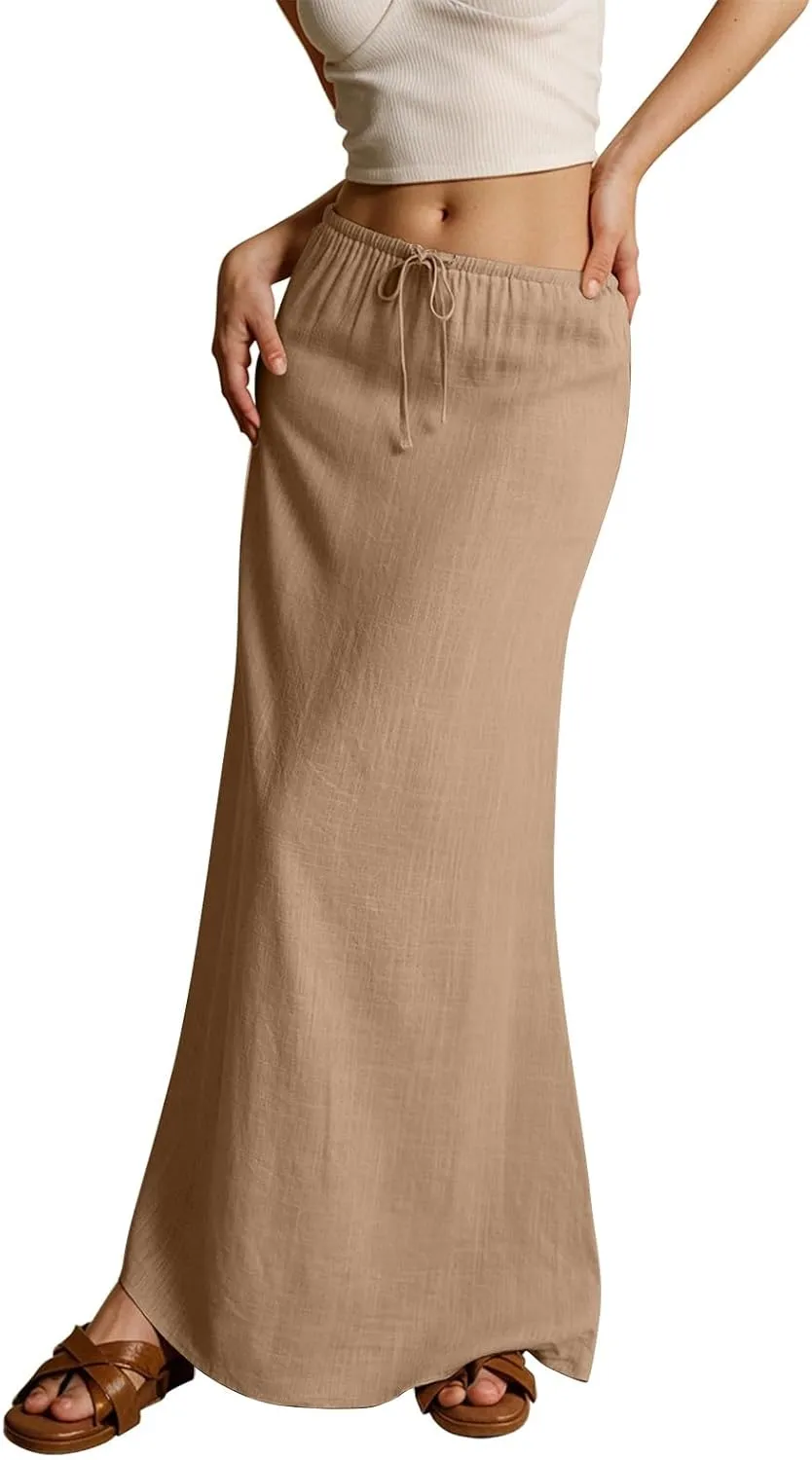 Linen Maxi Skirts for Women Drawstring Waist A Line Long Skirt Trendy Summer Vacation Boho Skirts