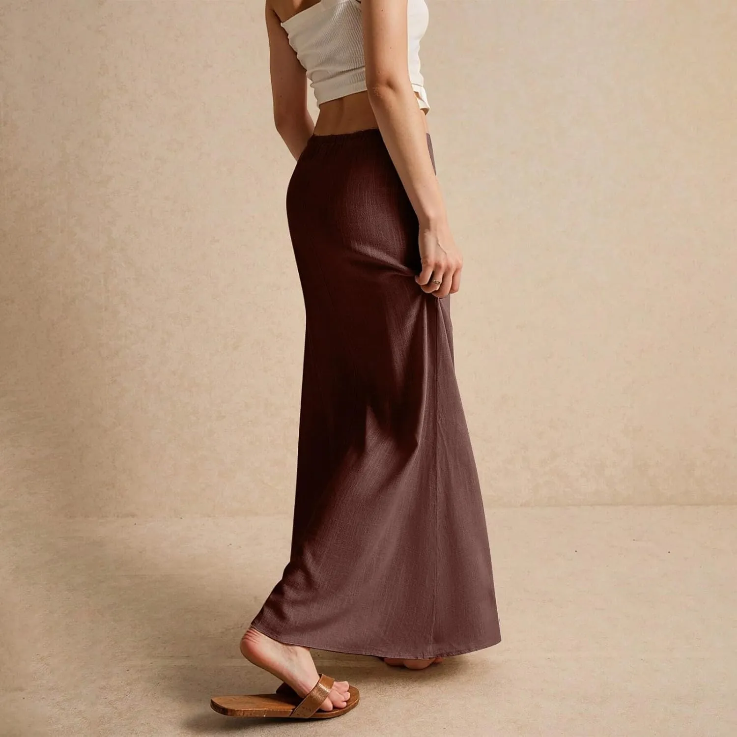 Linen Maxi Skirts for Women Drawstring Waist A Line Long Skirt Trendy Summer Vacation Boho Skirts