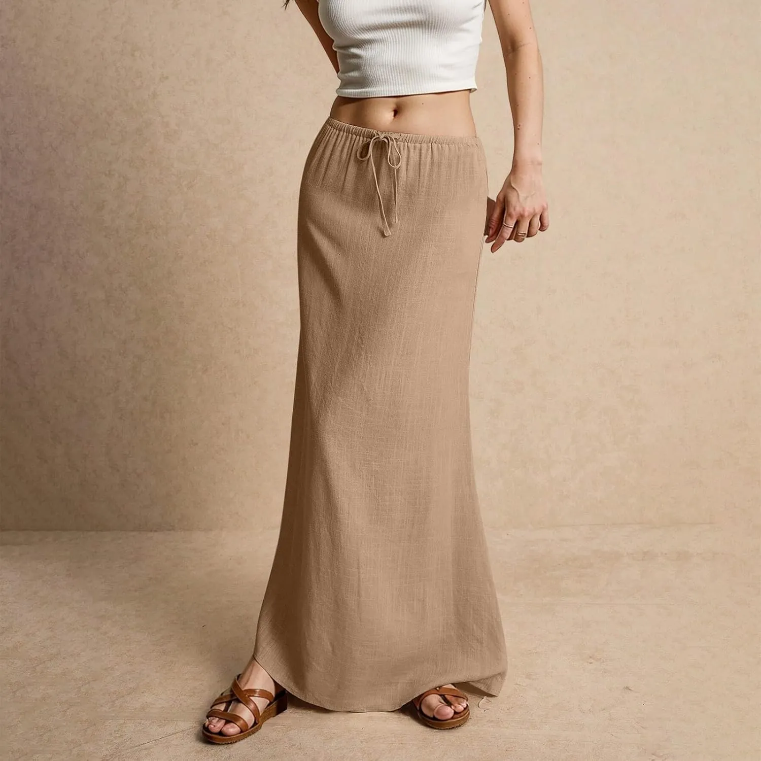 Linen Maxi Skirts for Women Drawstring Waist A Line Long Skirt Trendy Summer Vacation Boho Skirts
