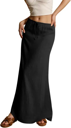 Linen Maxi Skirts for Women Drawstring Waist A Line Long Skirt Trendy Summer Vacation Boho Skirts