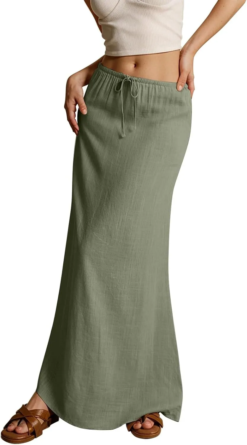 Linen Maxi Skirts for Women Drawstring Waist A Line Long Skirt Trendy Summer Vacation Boho Skirts