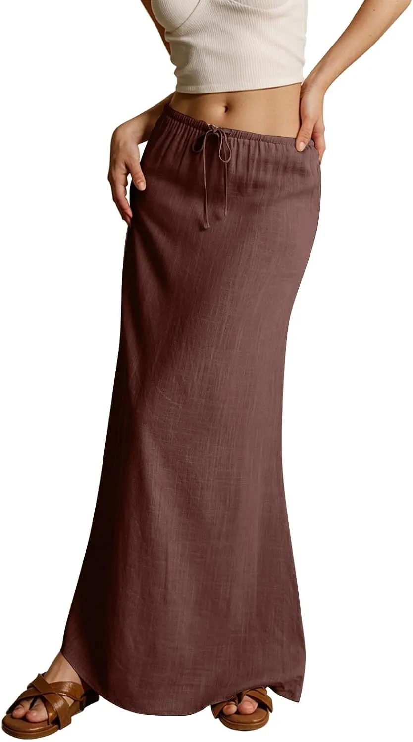 Linen Maxi Skirts for Women Drawstring Waist A Line Long Skirt Trendy Summer Vacation Boho Skirts