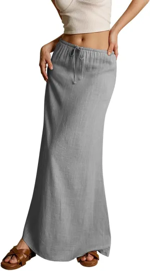 Linen Maxi Skirts for Women Drawstring Waist A Line Long Skirt Trendy Summer Vacation Boho Skirts