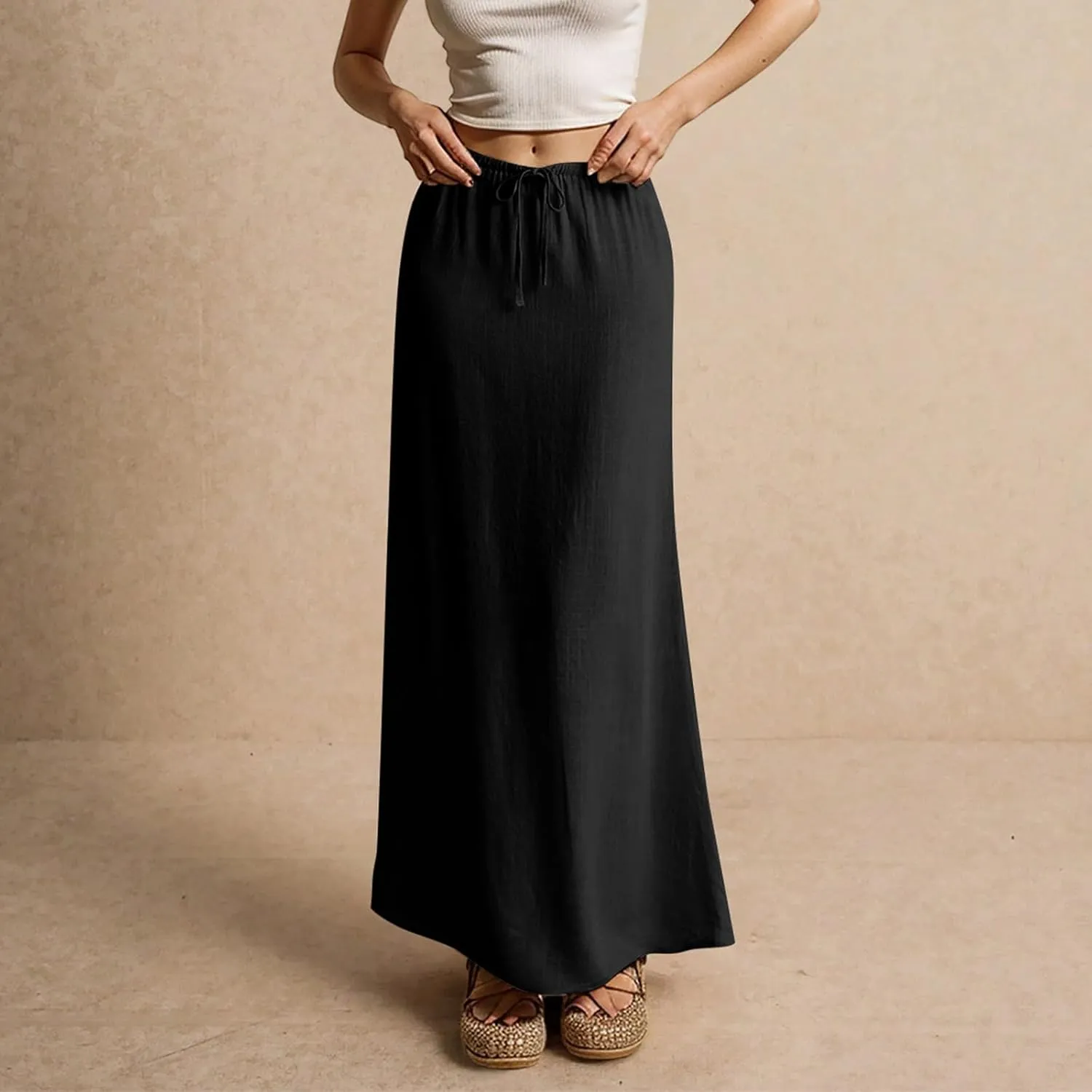 Linen Maxi Skirts for Women Drawstring Waist A Line Long Skirt Trendy Summer Vacation Boho Skirts