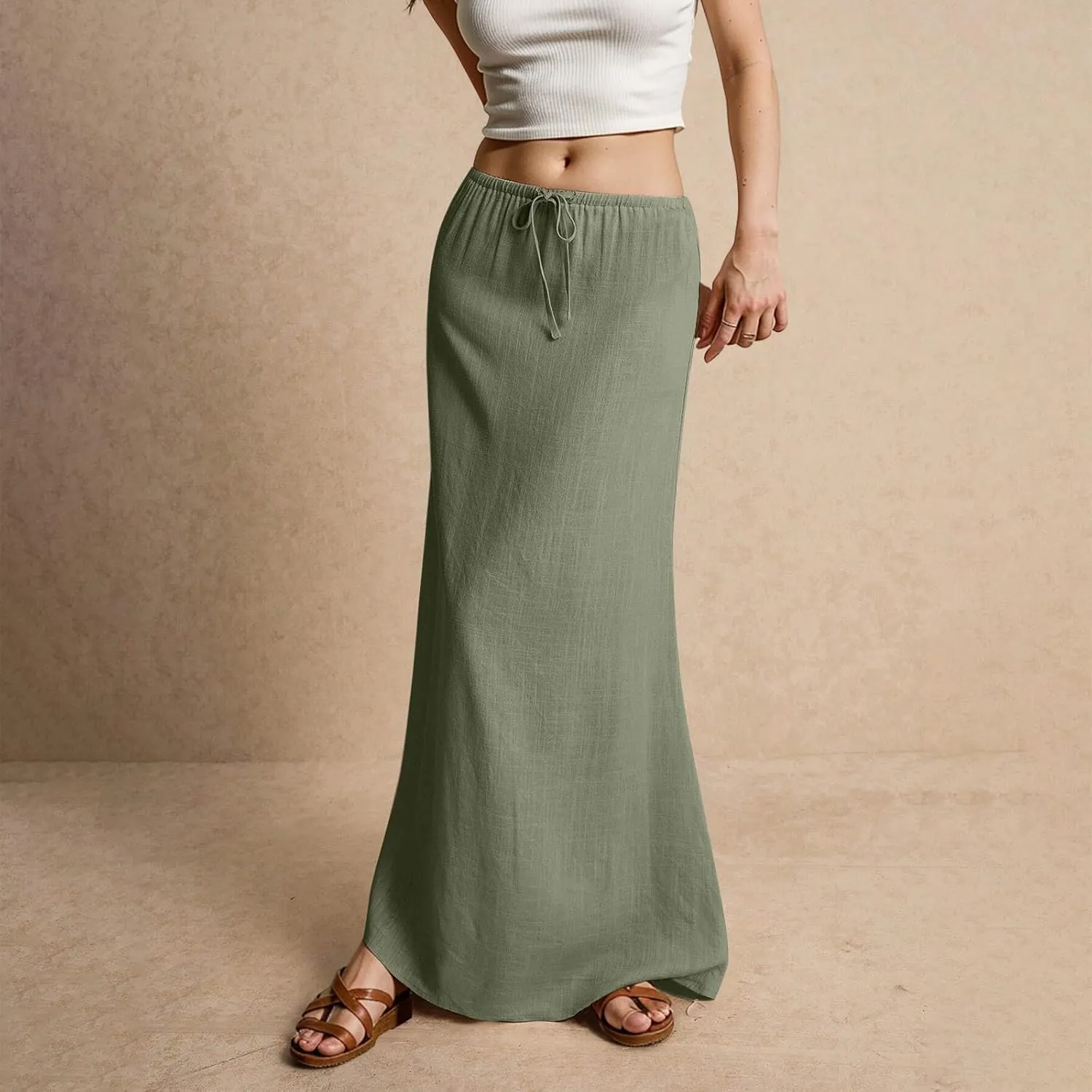 Linen Maxi Skirts for Women Drawstring Waist A Line Long Skirt Trendy Summer Vacation Boho Skirts