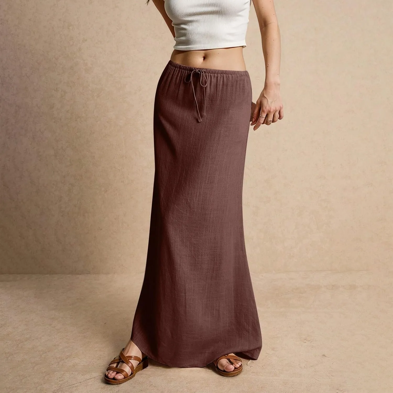 Linen Maxi Skirts for Women Drawstring Waist A Line Long Skirt Trendy Summer Vacation Boho Skirts