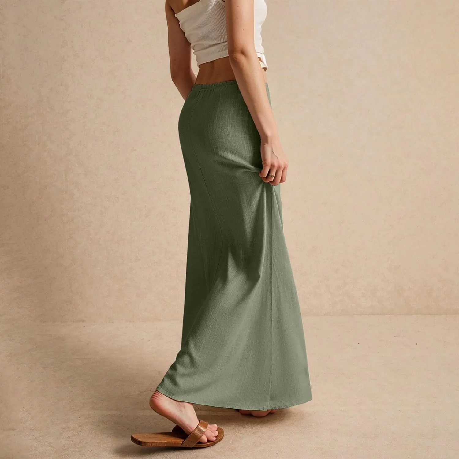 Linen Maxi Skirts for Women Drawstring Waist A Line Long Skirt Trendy Summer Vacation Boho Skirts