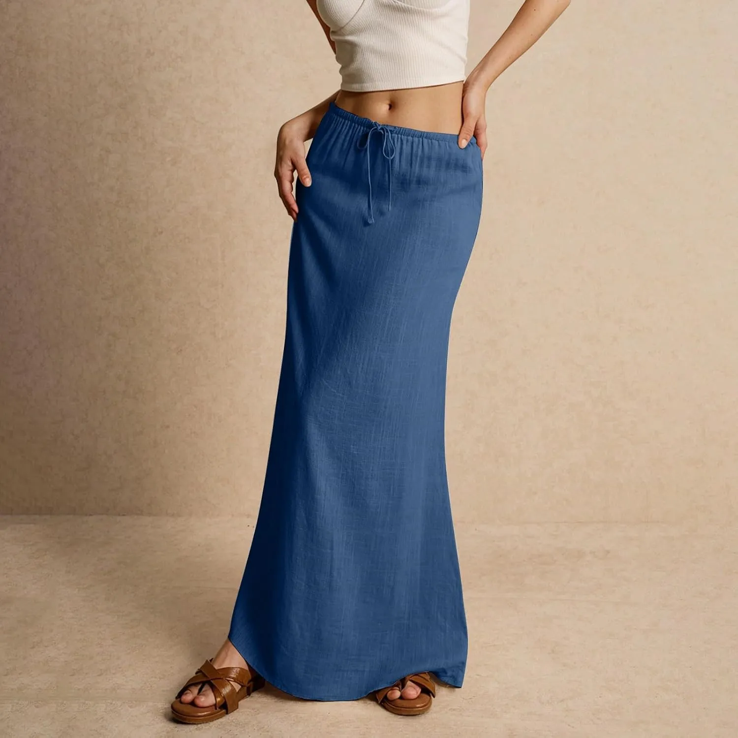 Linen Maxi Skirts for Women Drawstring Waist A Line Long Skirt Trendy Summer Vacation Boho Skirts