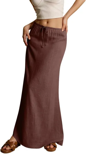 Linen Maxi Skirts for Women Drawstring Waist A Line Long Skirt Trendy Summer Vacation Boho Skirts