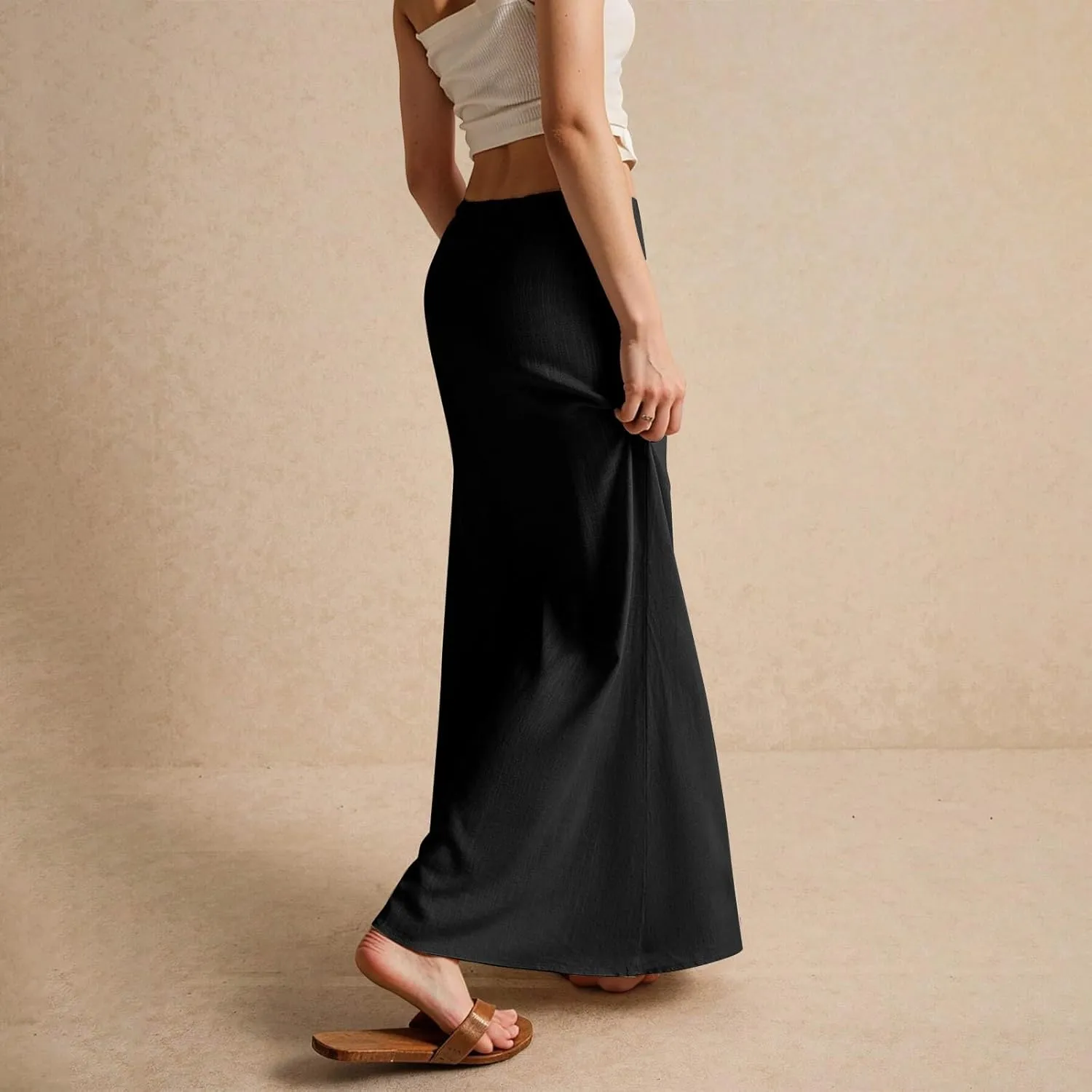 Linen Maxi Skirts for Women Drawstring Waist A Line Long Skirt Trendy Summer Vacation Boho Skirts
