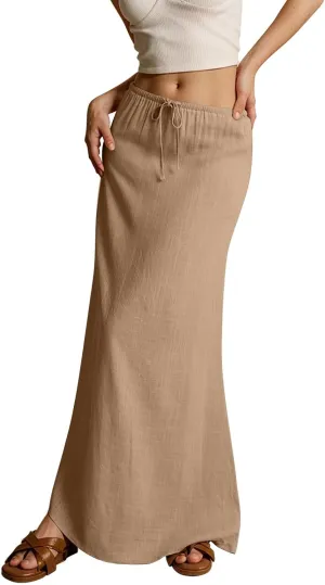 Linen Maxi Skirts for Women Drawstring Waist A Line Long Skirt Trendy Summer Vacation Boho Skirts