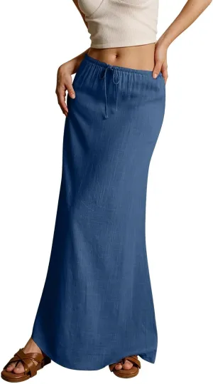 Linen Maxi Skirts for Women Drawstring Waist A Line Long Skirt Trendy Summer Vacation Boho Skirts