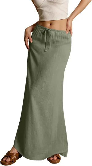 Linen Maxi Skirts for Women Drawstring Waist A Line Long Skirt Trendy Summer Vacation Boho Skirts