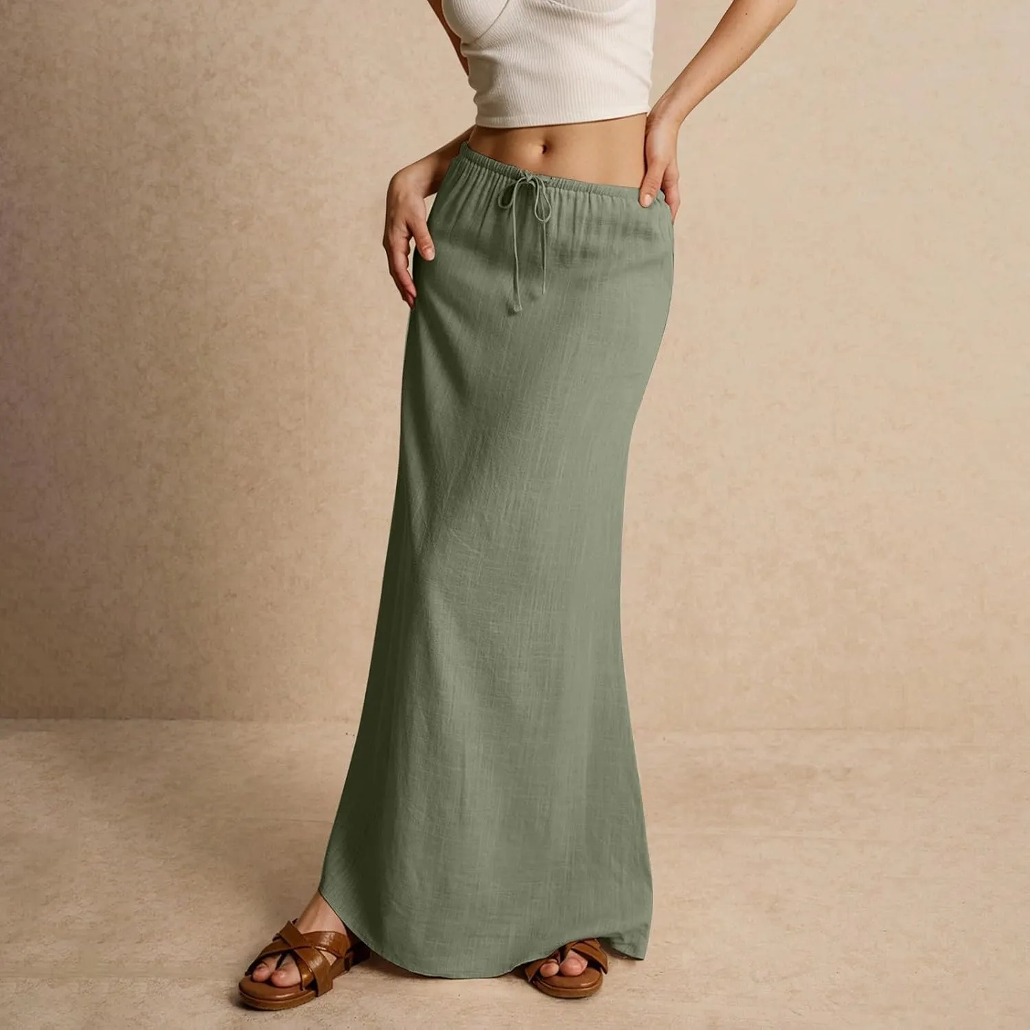 Linen Maxi Skirts for Women Drawstring Waist A Line Long Skirt Trendy Summer Vacation Boho Skirts
