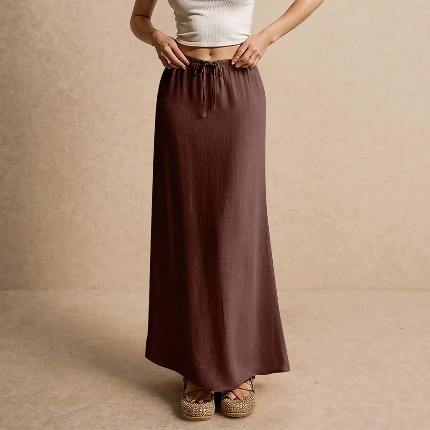 Linen Maxi Skirts for Women Drawstring Waist A Line Long Skirt Trendy Summer Vacation Boho Skirts