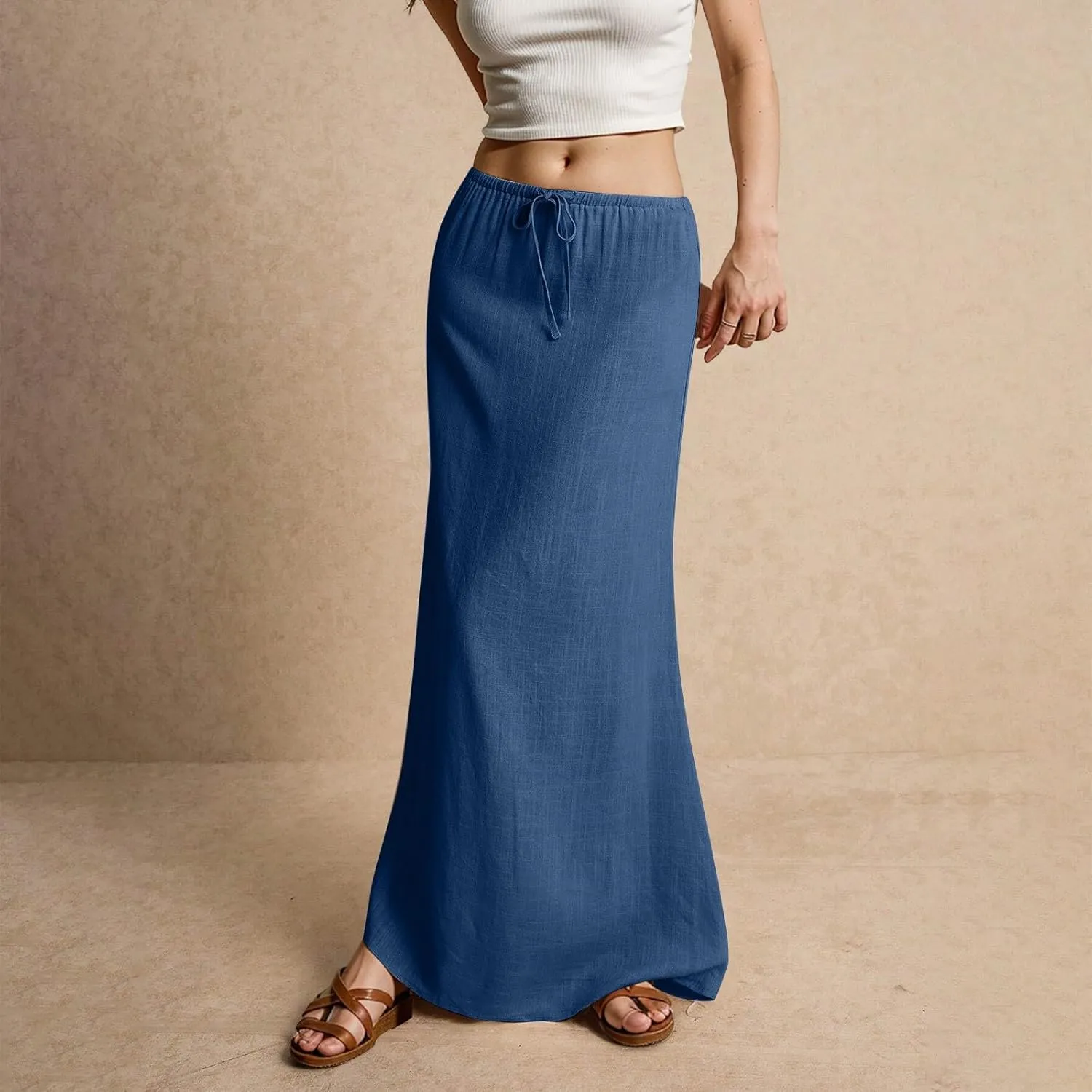 Linen Maxi Skirts for Women Drawstring Waist A Line Long Skirt Trendy Summer Vacation Boho Skirts