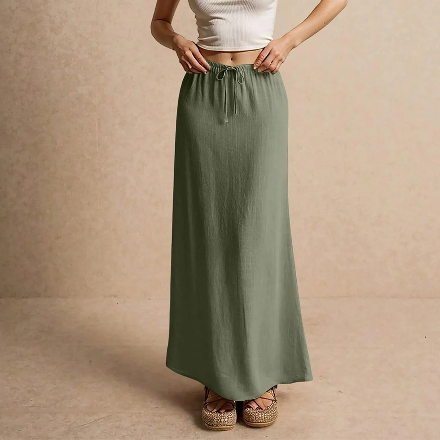 Linen Maxi Skirts for Women Drawstring Waist A Line Long Skirt Trendy Summer Vacation Boho Skirts