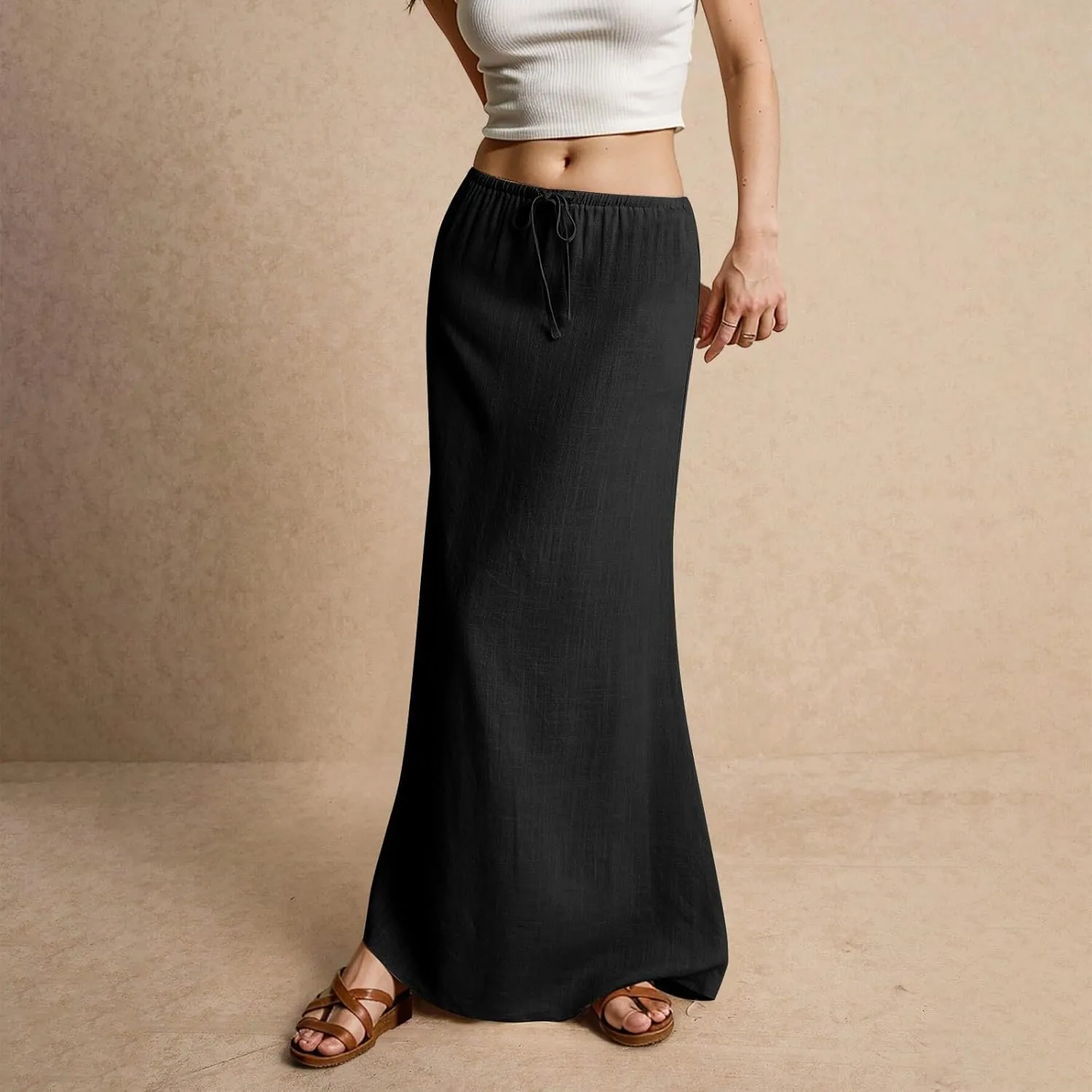 Linen Maxi Skirts for Women Drawstring Waist A Line Long Skirt Trendy Summer Vacation Boho Skirts