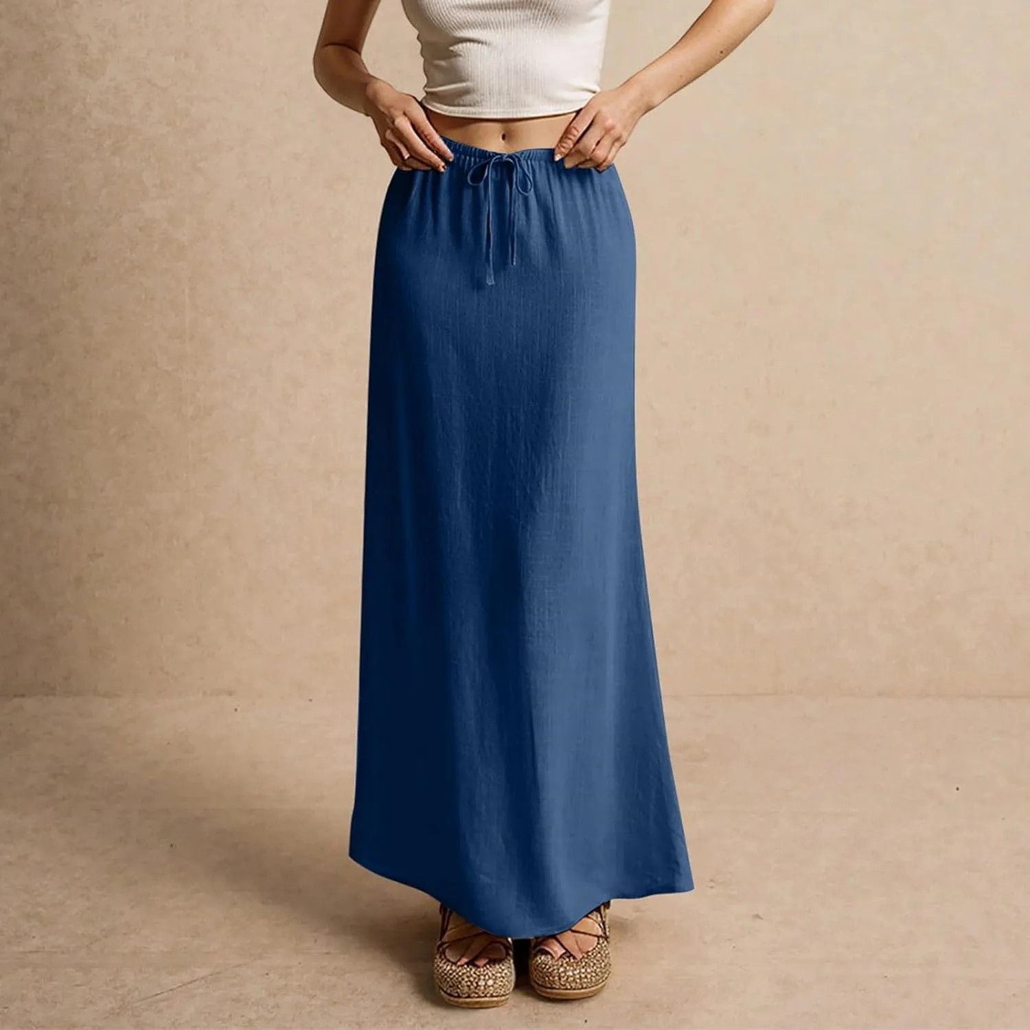 Linen Maxi Skirts for Women Drawstring Waist A Line Long Skirt Trendy Summer Vacation Boho Skirts