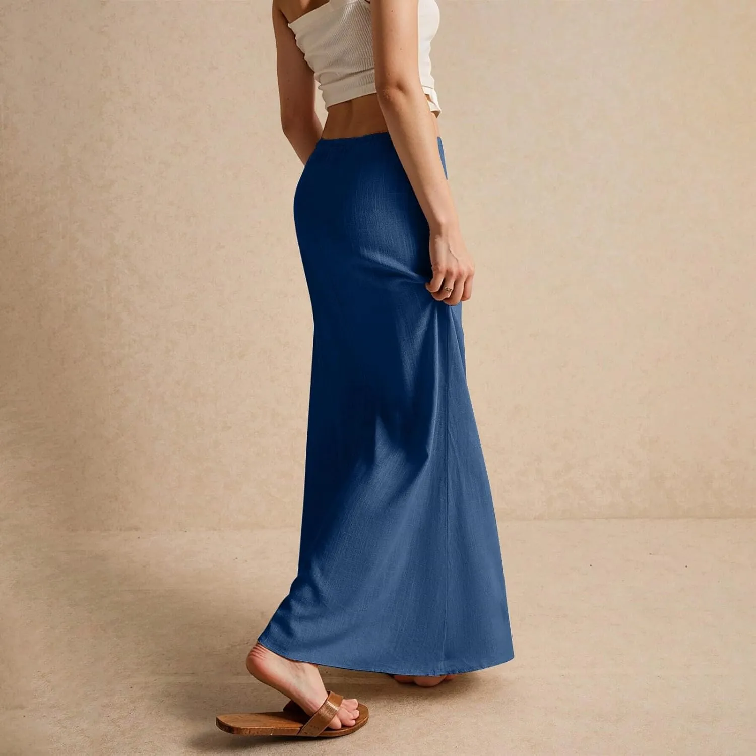 Linen Maxi Skirts for Women Drawstring Waist A Line Long Skirt Trendy Summer Vacation Boho Skirts