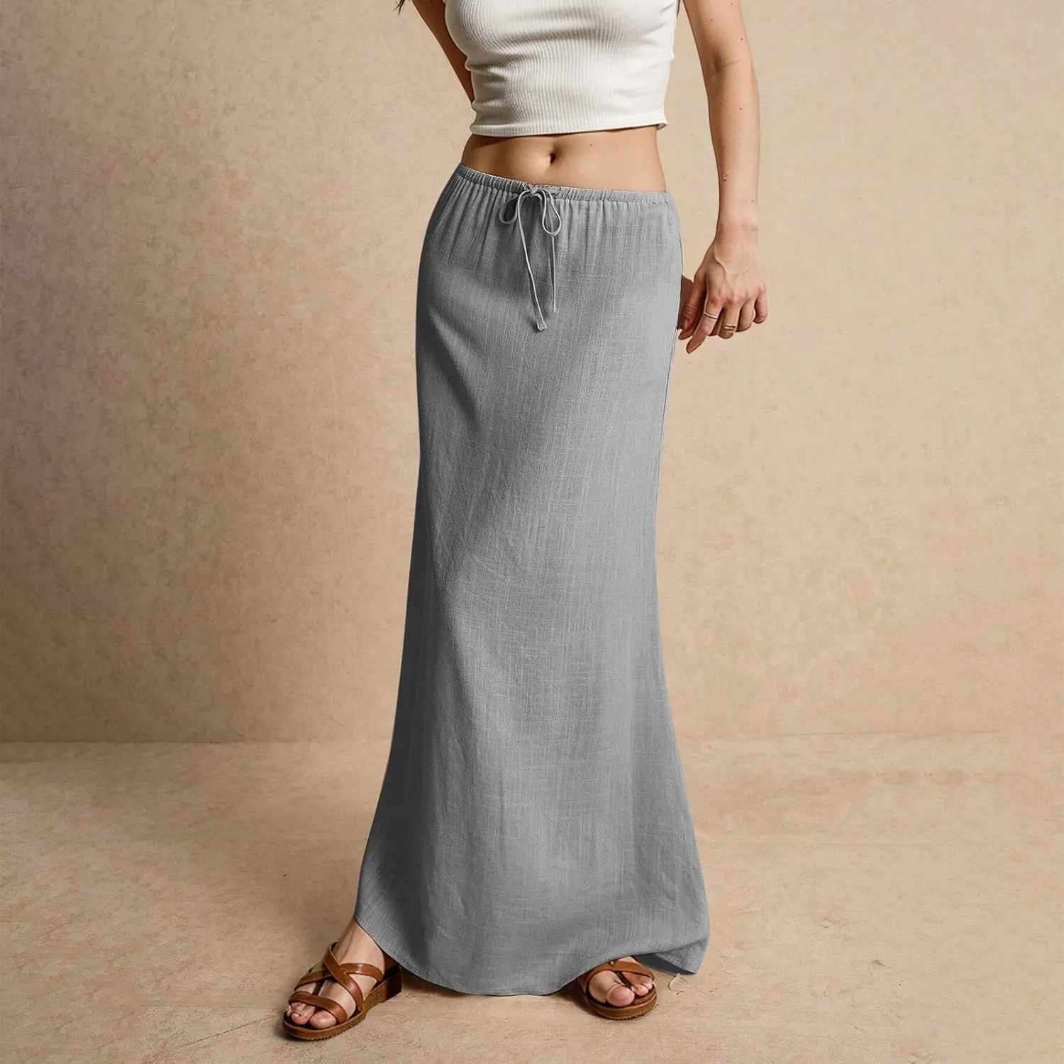 Linen Maxi Skirts for Women Drawstring Waist A Line Long Skirt Trendy Summer Vacation Boho Skirts