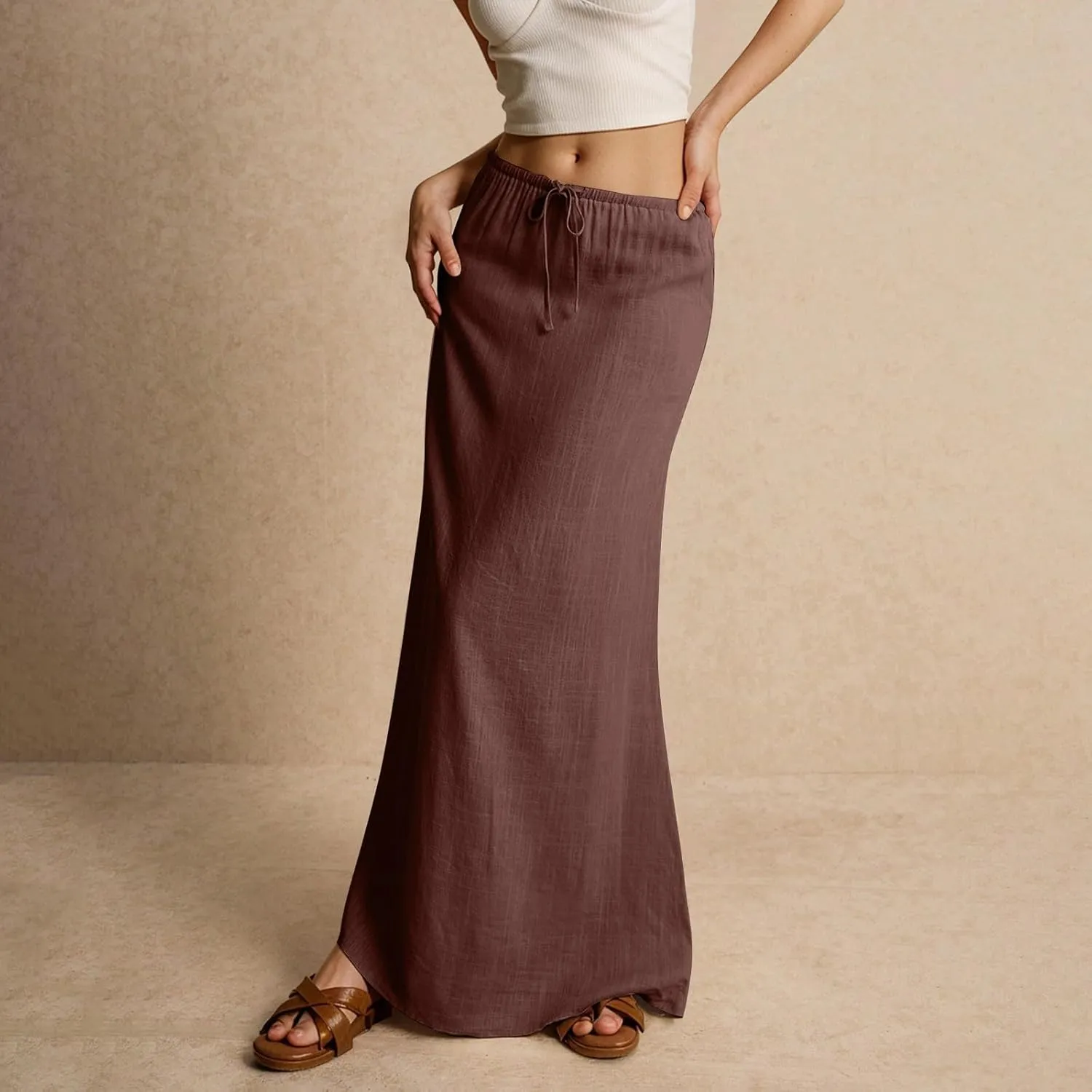 Linen Maxi Skirts for Women Drawstring Waist A Line Long Skirt Trendy Summer Vacation Boho Skirts