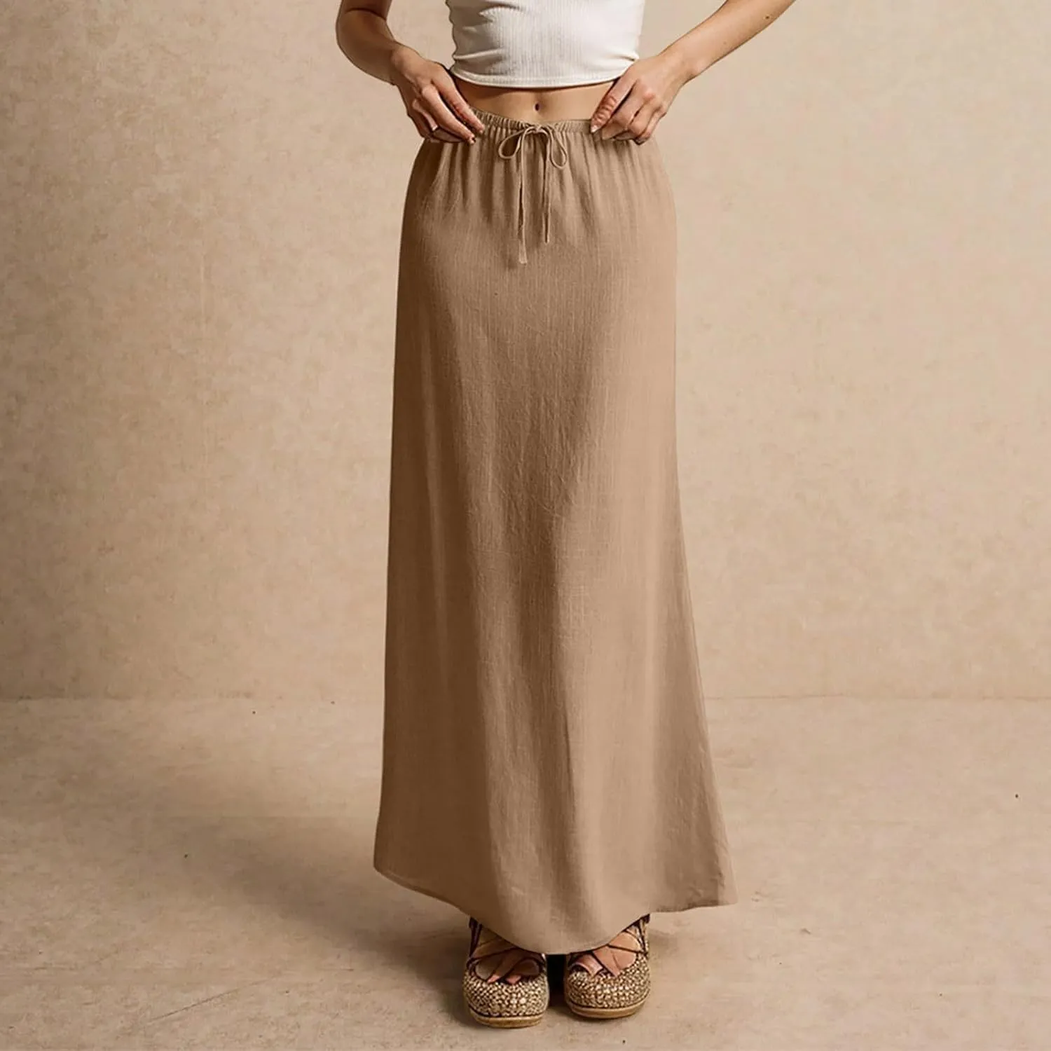 Linen Maxi Skirts for Women Drawstring Waist A Line Long Skirt Trendy Summer Vacation Boho Skirts