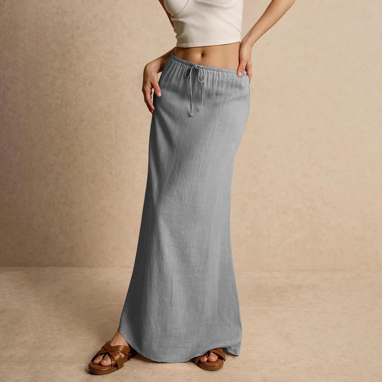Linen Maxi Skirts for Women Drawstring Waist A Line Long Skirt Trendy Summer Vacation Boho Skirts